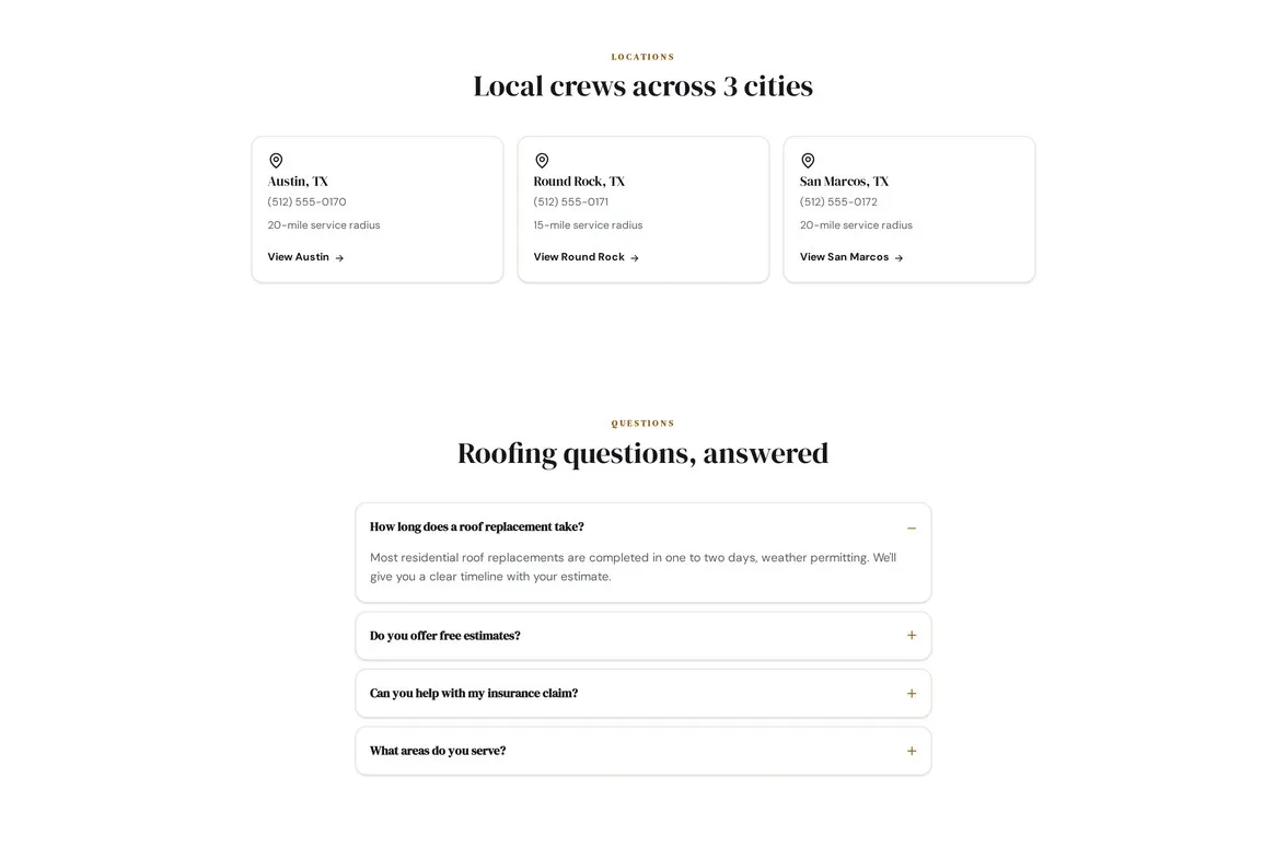 Apex Exteriors website preview, Premium Estate design — service-area and FAQ sections