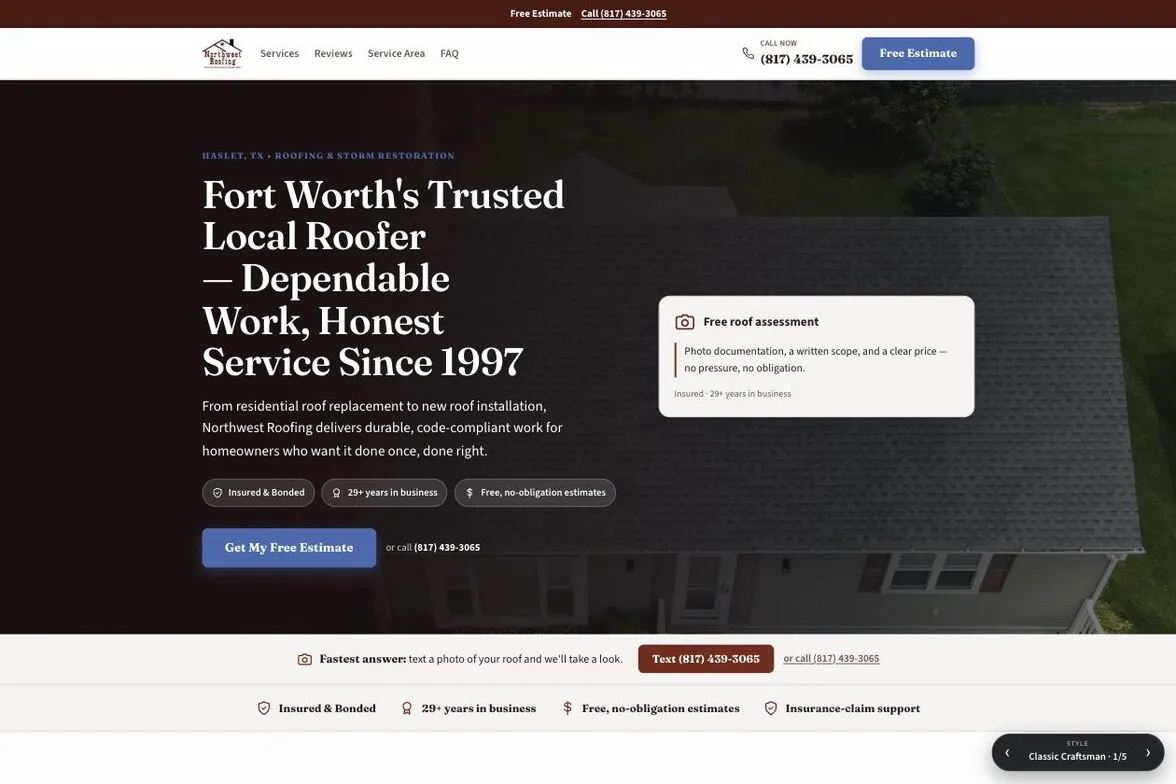 Northwest Roofing website preview, Classic Craftsman design — homepage hero